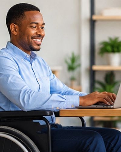 Person using a wheelchair reviewing disability income insurance information with a professional.