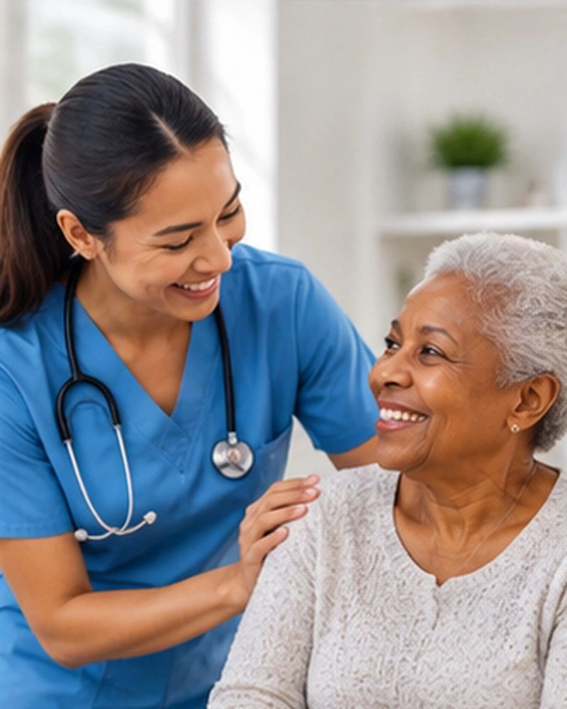 Healthcare professional assisting an older adult with health and medical care.