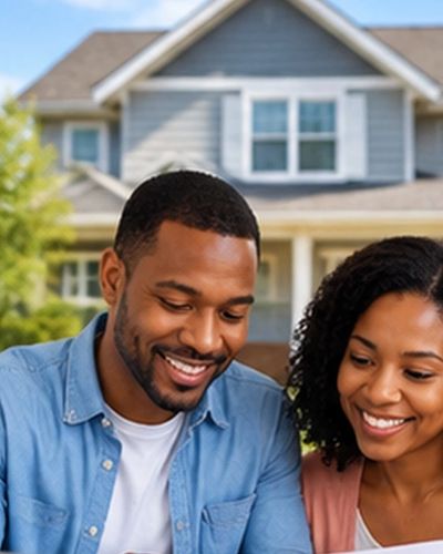 Couple reviewing mortgage protection information in front of their home