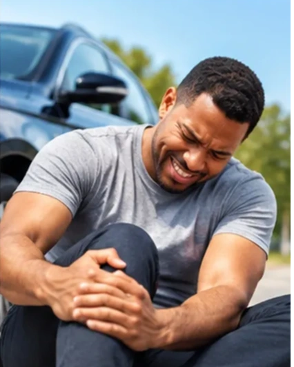Man holding his injured knee after an accident, representing accident protection and coverage.