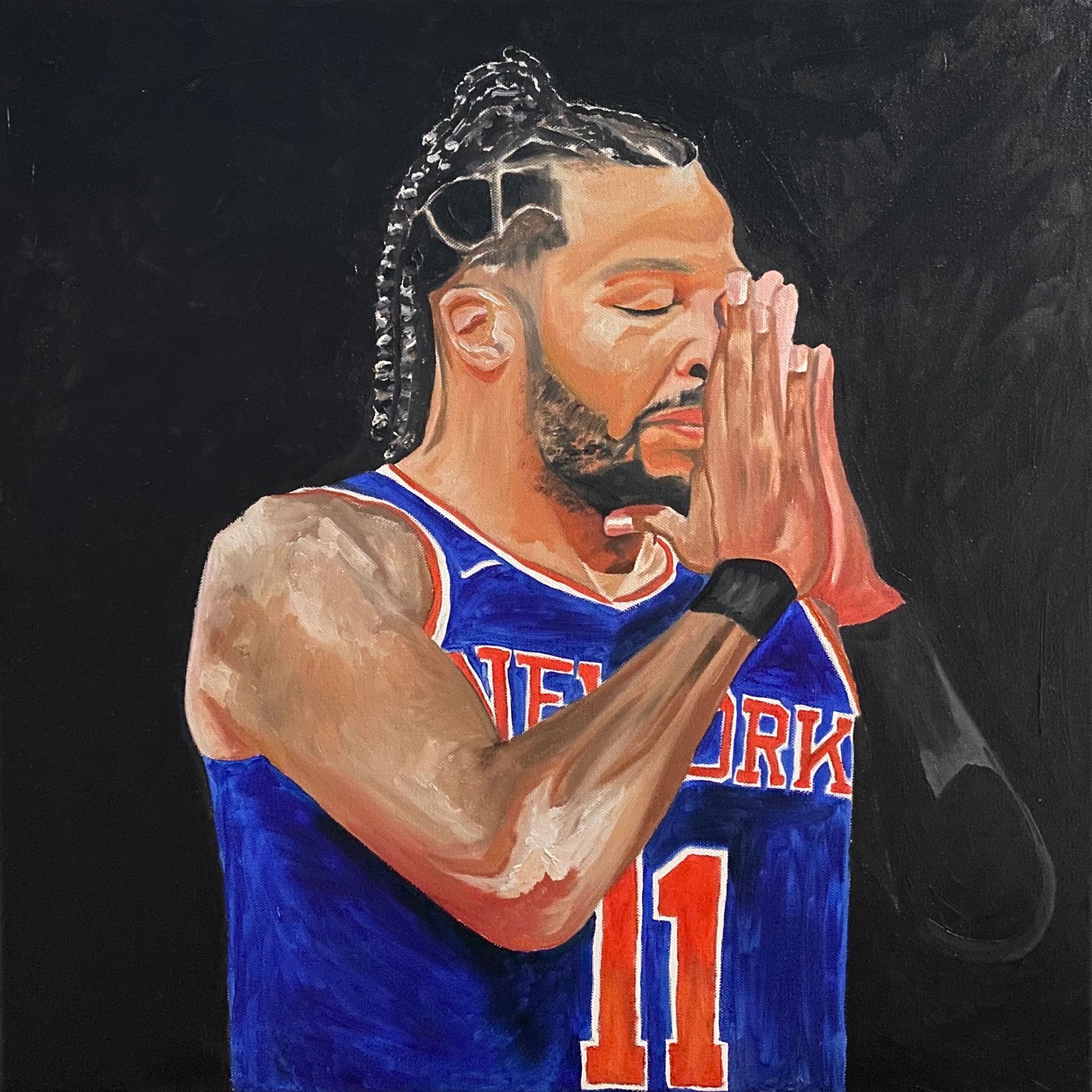 Painting of a basketball player praying with hands together.