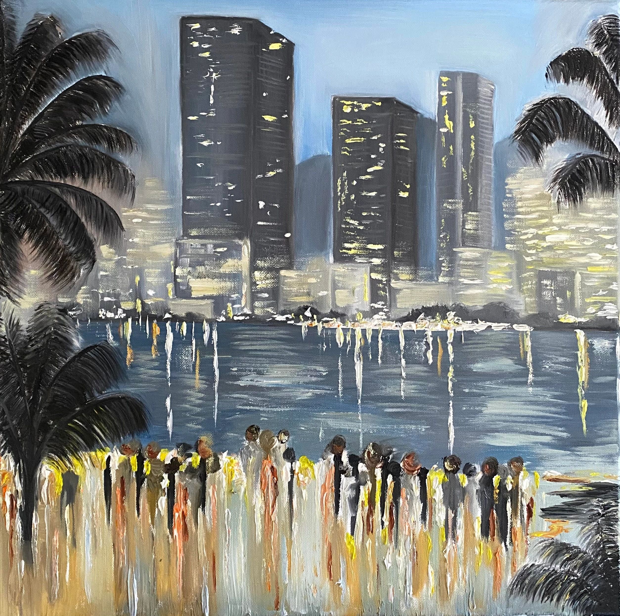 Impressionist painting of a city skyline with palm trees and a crowd.