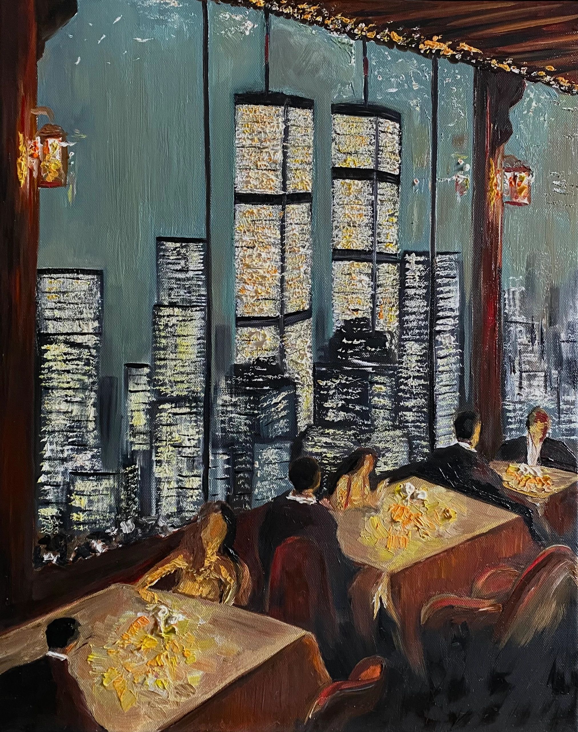 Impressionist painting of a cityscape viewed from a restaurant with diners at tables.