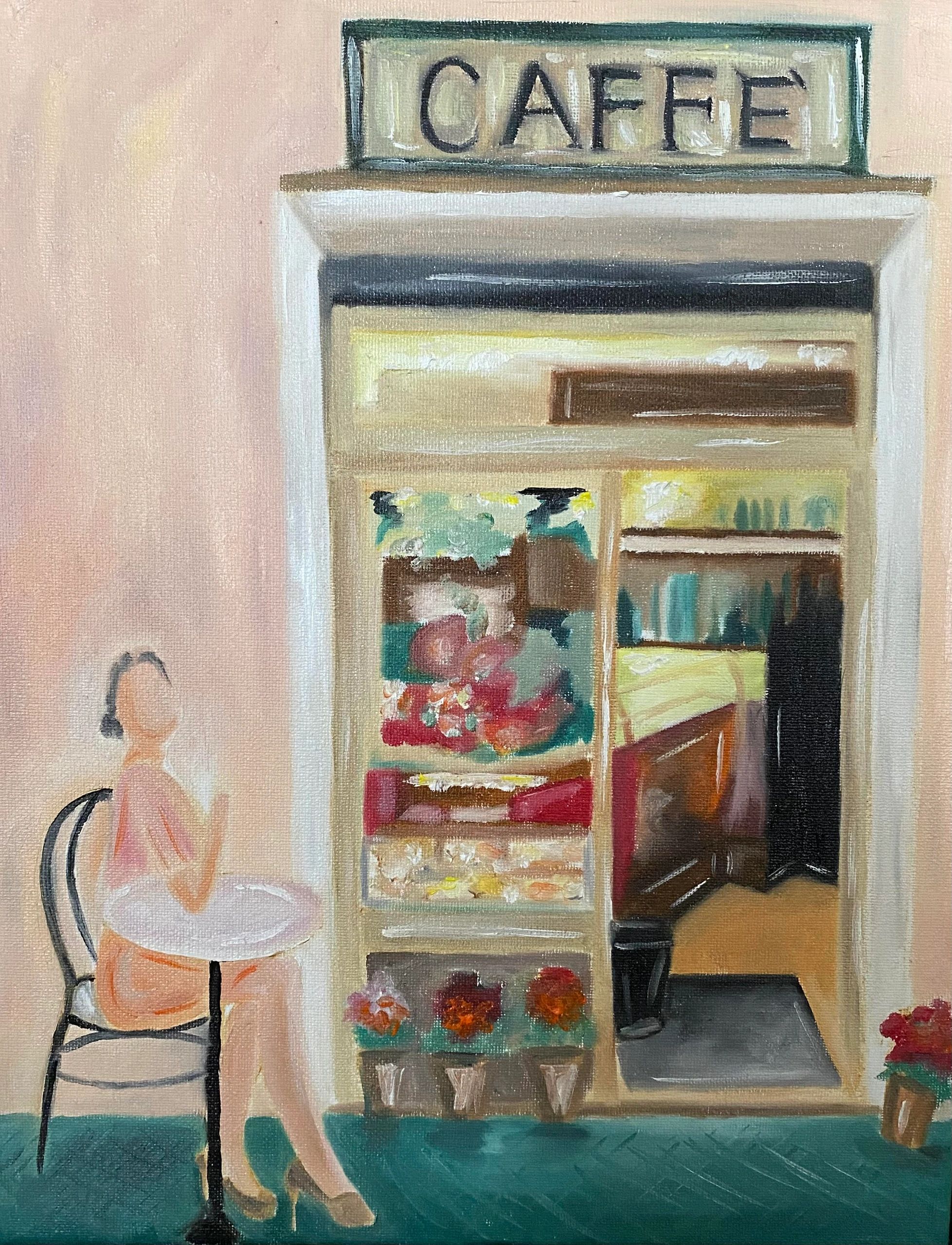 Painting of a woman sitting outside a cafe with a floral display.