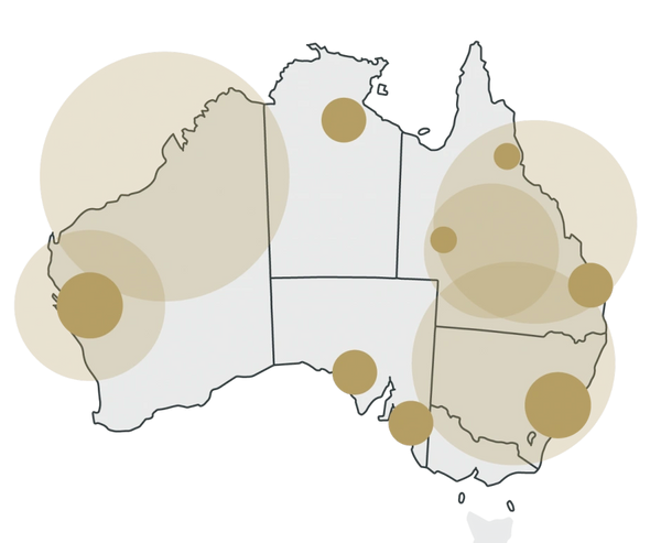 Map of termite hotspots in Australia with circles of varying darkness indicating level of activity