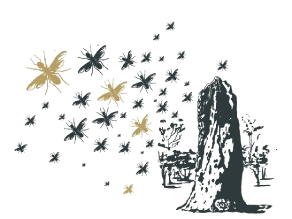 Sketch of termites of various sizes swarming from a large termite mound with trees in the background