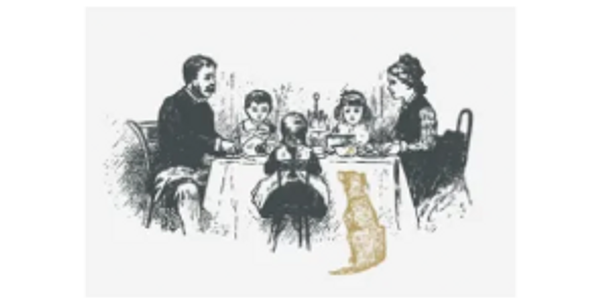 Family with children sitting at dining table for a meal with dog sitting adjacent