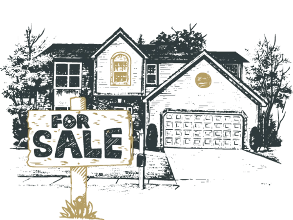 Sketch of double storey home with trees, various windows, garage door and for sale sign at front.