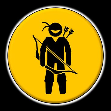 Black silhouette of an archer with a bow and arrows on a yellow circle.