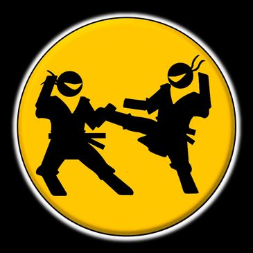 Silhouettes of ninjas fighting against a yellow circular background.