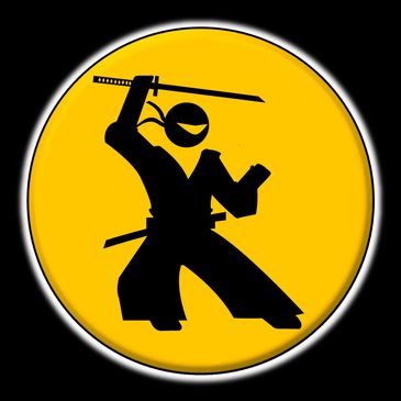 Silhouette of a ninja with a sword on a yellow circular background.