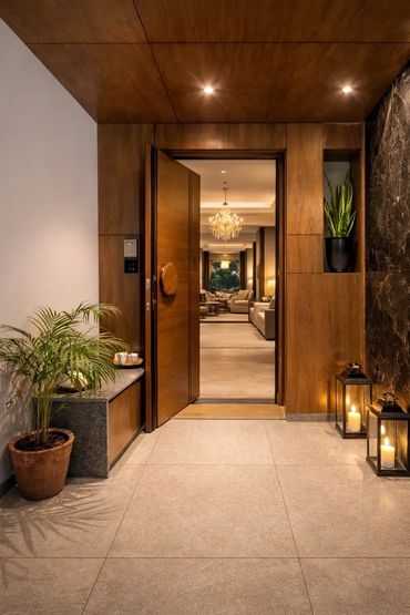 Warm minimalist apartment entrance in Bangalore with wood ceiling, stone accent wall, and natural pl