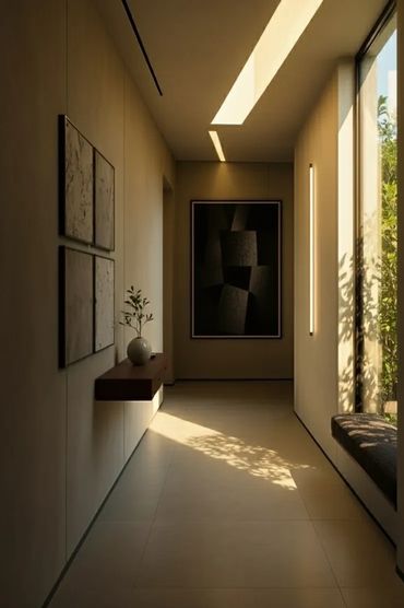 Bright modern hallway with skylight, minimalist wall art, and natural corridor lighting