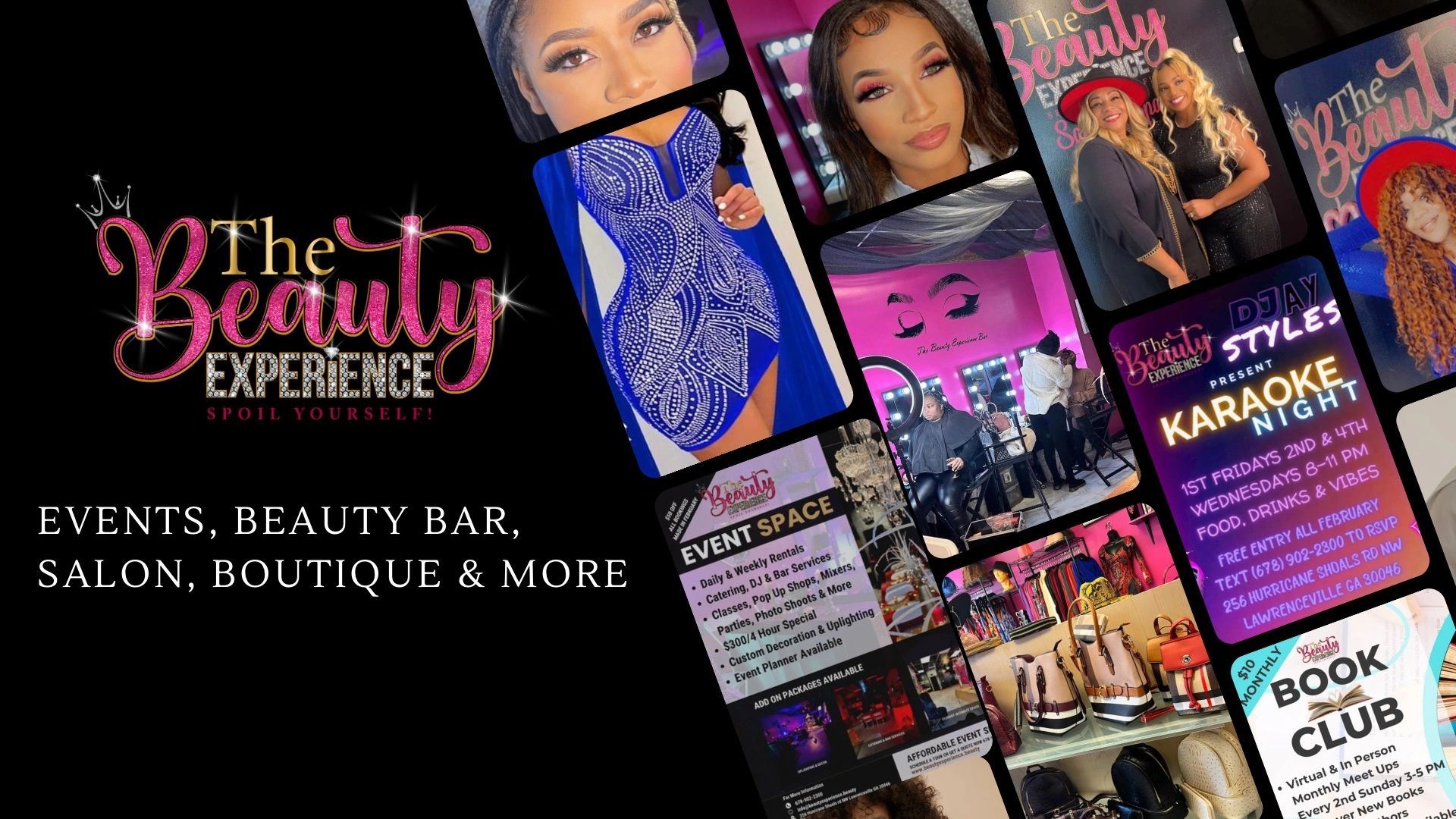 Beauty bar, salon, event space, hair services, makeup services, boutique, shop, Gwinnett county