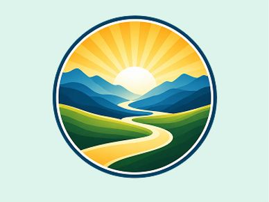 Stylized landscape with river, mountains, and sunrise.