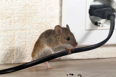 Photo of a mouse eating an electrical cable.