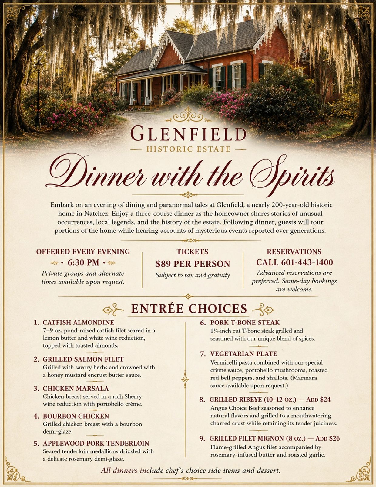 Glenfield Historic Estate hosts Dinner with the Spirits, a paranormal dining experience with a three-course meal and home tour.