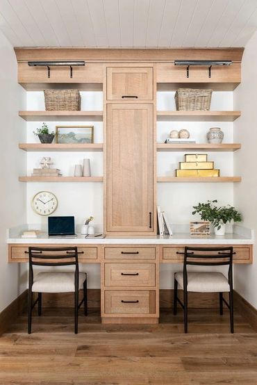 two person work station, built in with storage and lighting. compact efficient space made to measure