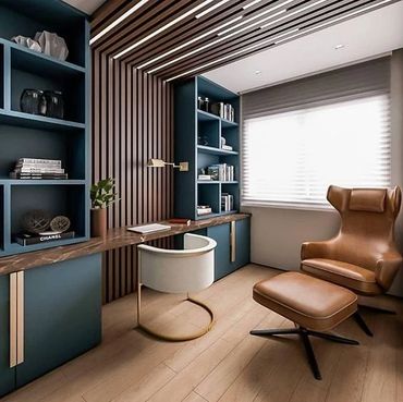 luxury home office, with built in storage and accent wall