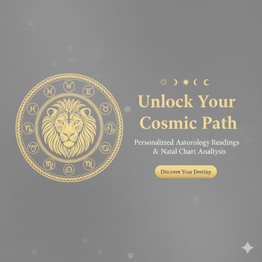 Elegant astrology ad with zodiac signs and a lion, inviting to unlock your cosmic path.