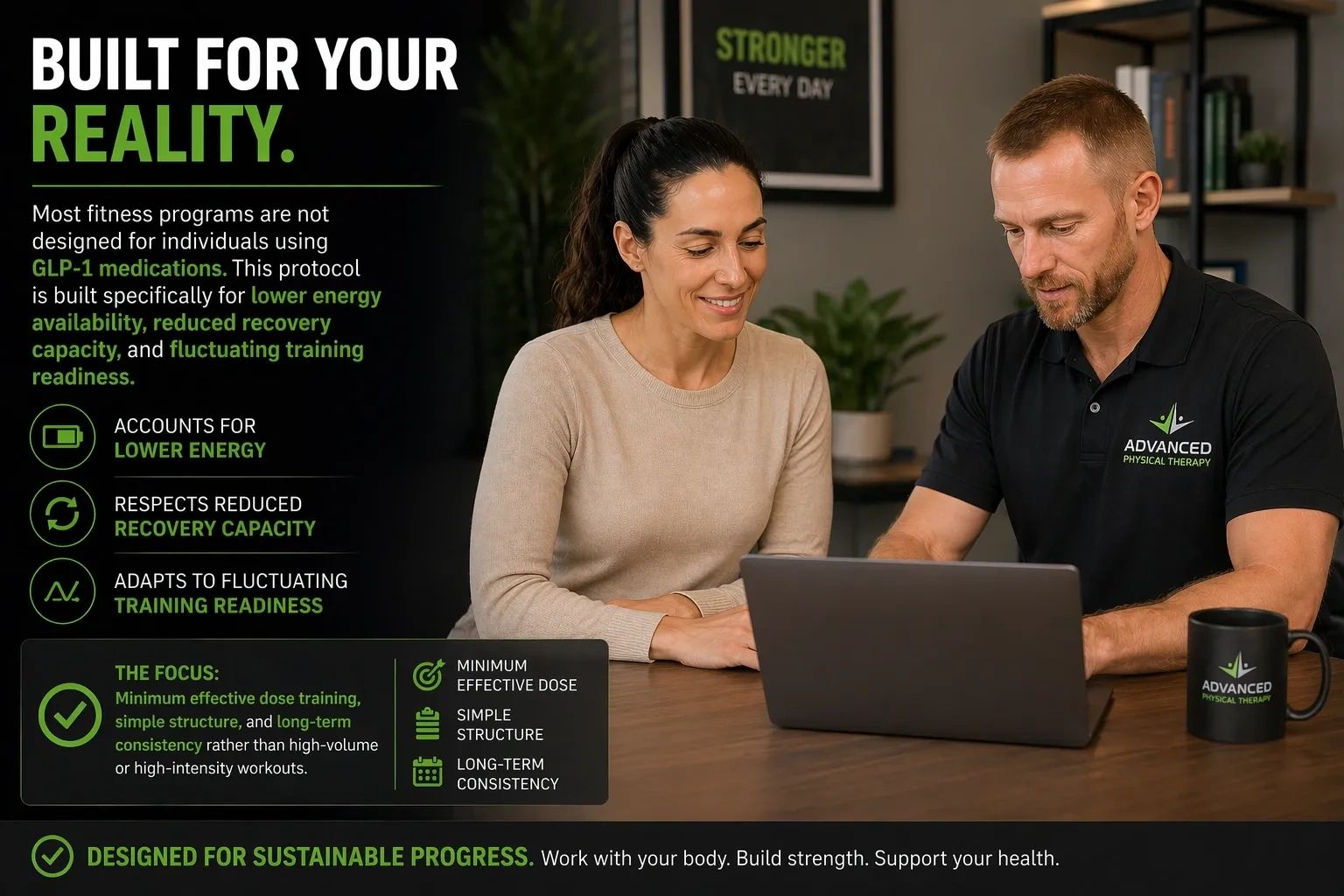 Physical therapist guiding a woman through a specialized fitness program on a laptop.