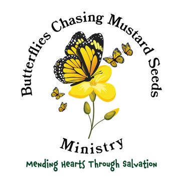 Logo with butterflies around a yellow flower and ministry text.