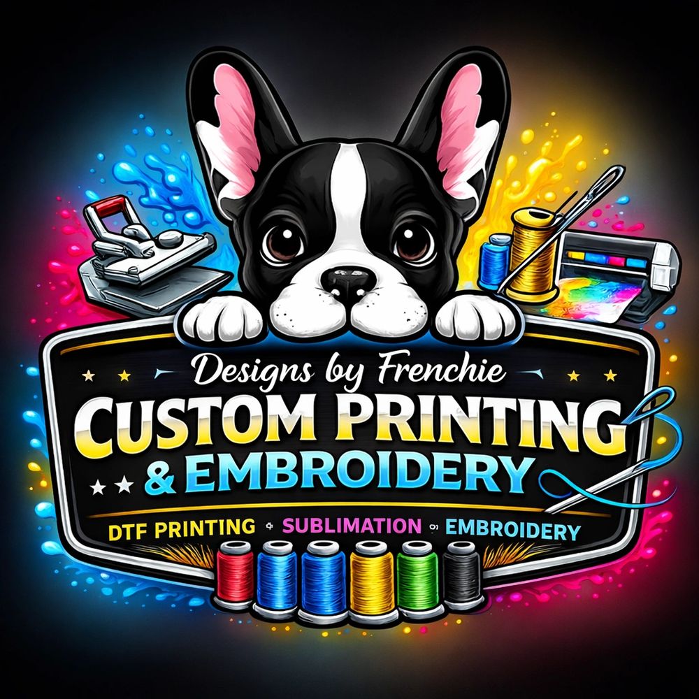 Cute French Bulldog logo for custom printing and embroidery services.