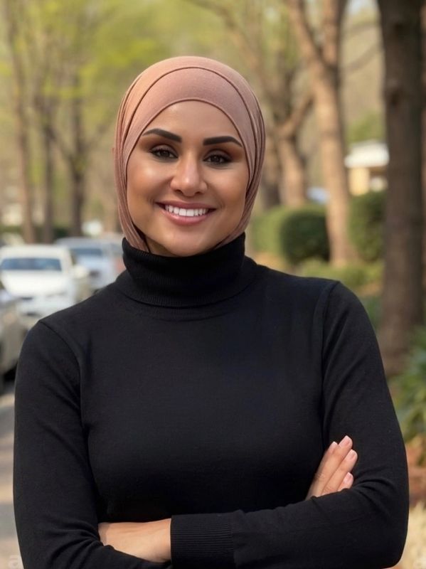 Smiling woman wearing a beige hijab and black turtleneck outdoors.