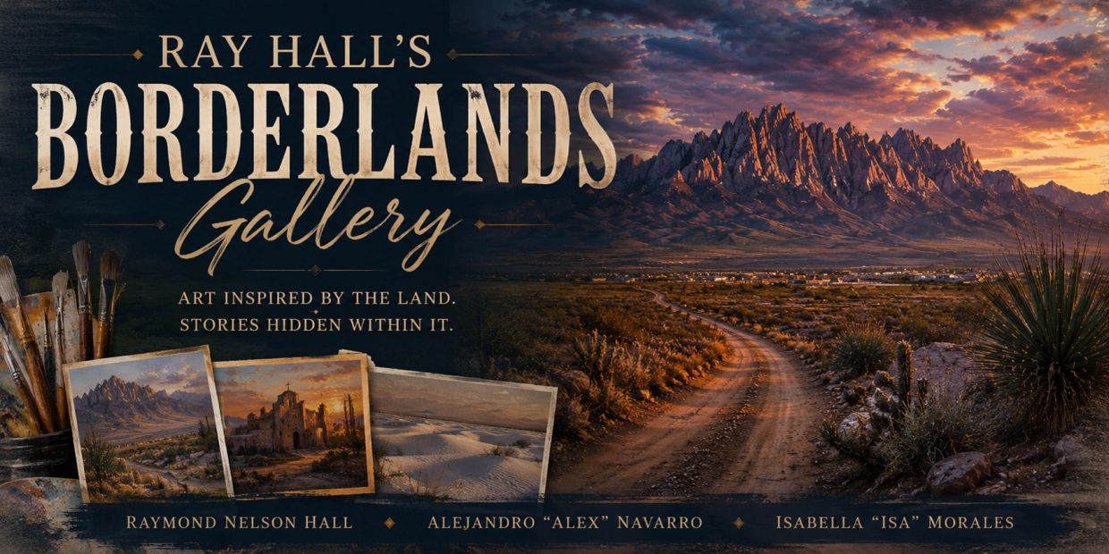 Promotional banner for Ray Hall's Borderlands Gallery showcasing desert art.