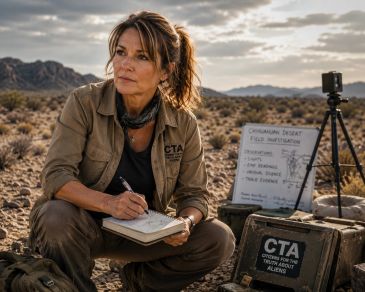 Woman studying in the desert with CTA gear and notes.