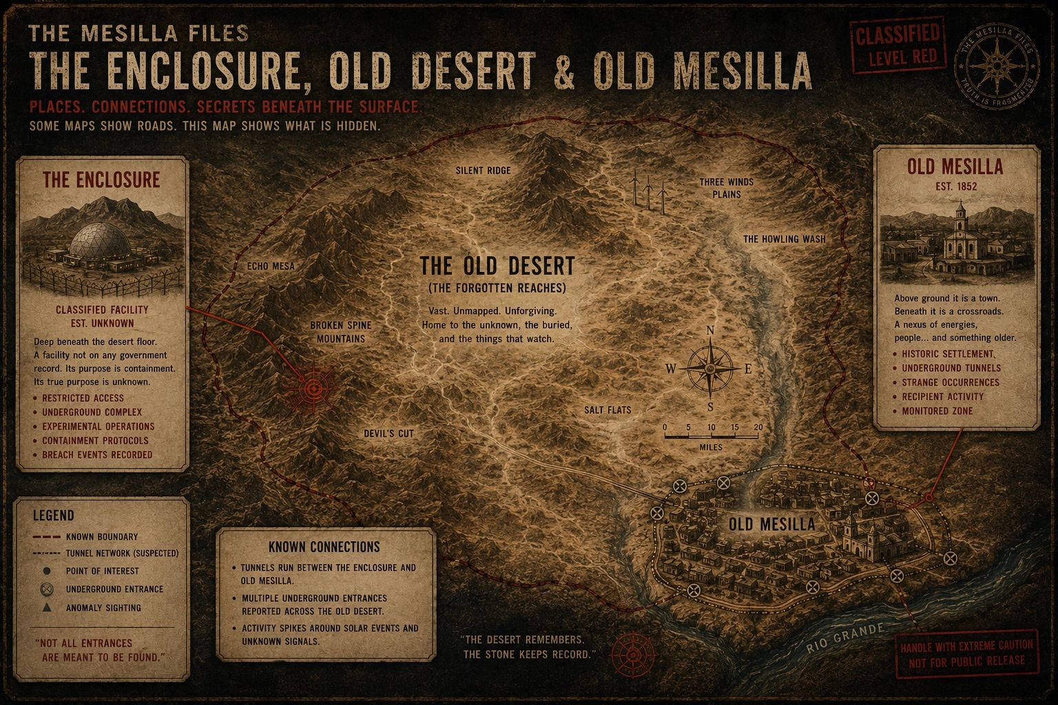 Vintage map showing The Enclosure, Old Desert, and Old Mesilla with secret tunnels and anomalies.
