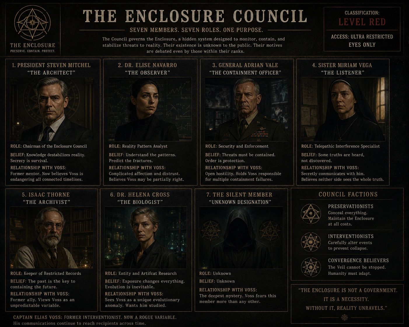 Portraits and roles of The Enclosure Council's seven members with their beliefs and relationships.