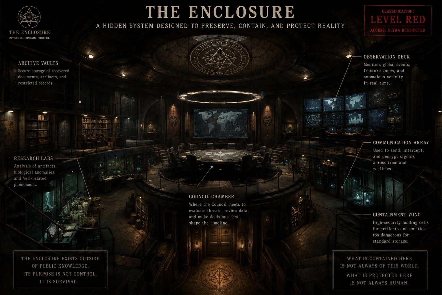 Dark, high-tech chamber for preserving and protecting reality with secure vaults and research labs.