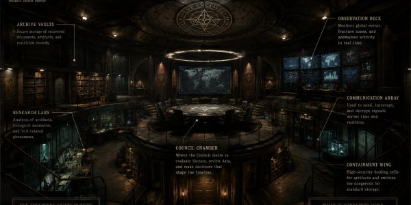 Dark, mysterious council chamber with labeled sections for archives, research, observation, and containment.