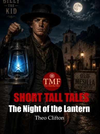 Man holding a lantern under a full moon in an old western town.