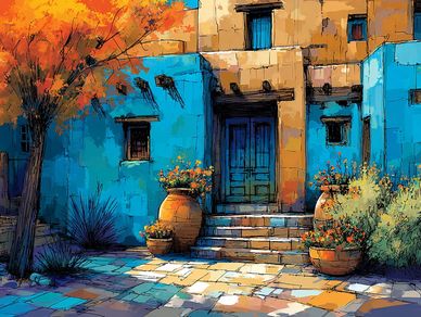 Bright blue and tan building with autumn tree and potted plants.