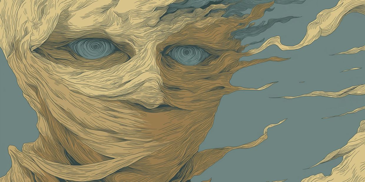 Illustration of a face made of swirling, flowing lines with hypnotic eyes.