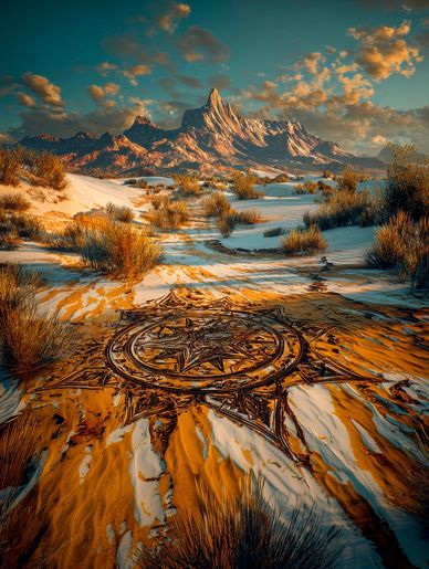 Desert landscape with a mysterious compass rose design in the sand.