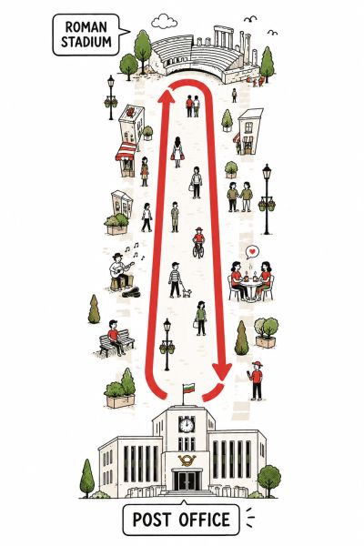 Illustration of a street with Roman Stadium and Post Office connected by a red path.
