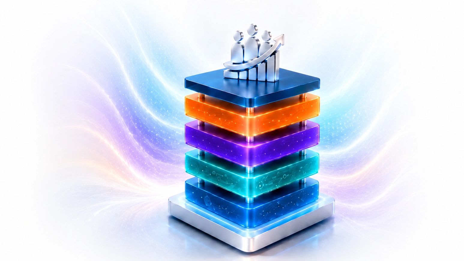 Colorful layered blocks with a silver icon of people and growth arrow on top.
