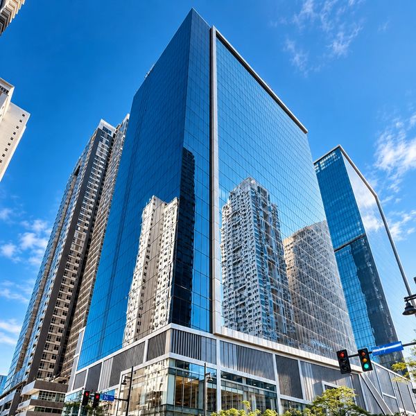 Modern glass skyscraper reflecting neighboring buildings.