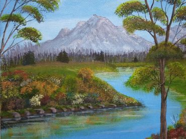 A serene landscape painting of a river flowing through greenery and mountains.