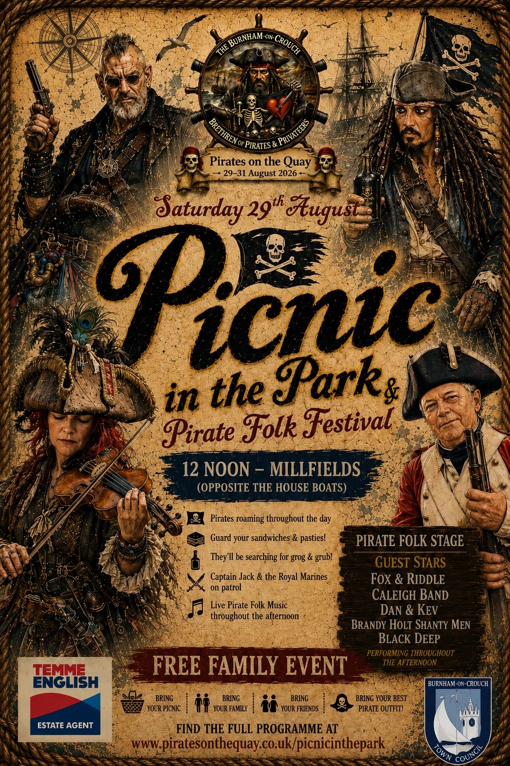 Pirate-themed picnic and folk festival event poster.