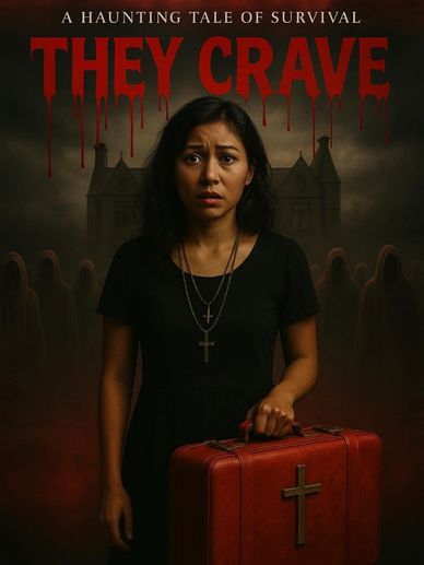 A woman looks scared holding a red suitcase with a cross.