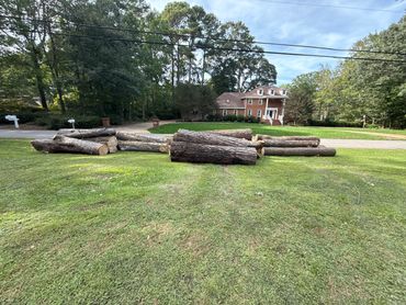 Large cut tree logs piled on a green lawn in front of a brick house.