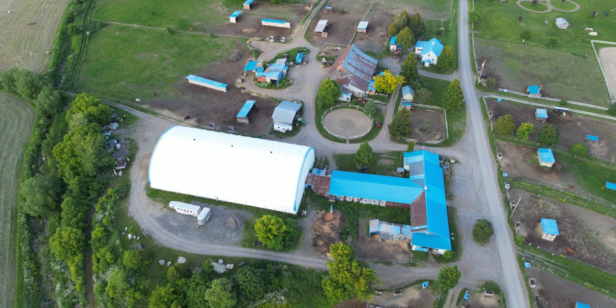 Aerial view of a farm with blue-roofed buildings and green fields.