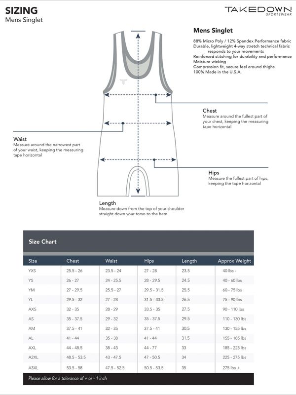 Sizing chart for singlets - pick your size and let us know so we can order it
