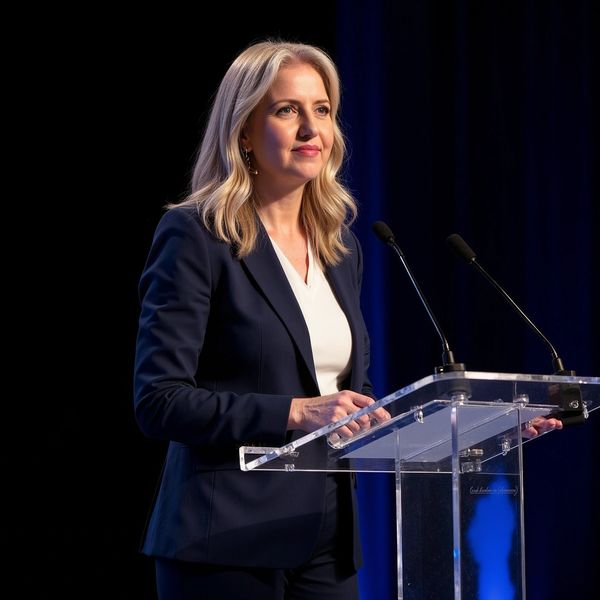 <img src="presenter.jpg" alt="A woman presenting at a HR conference" />