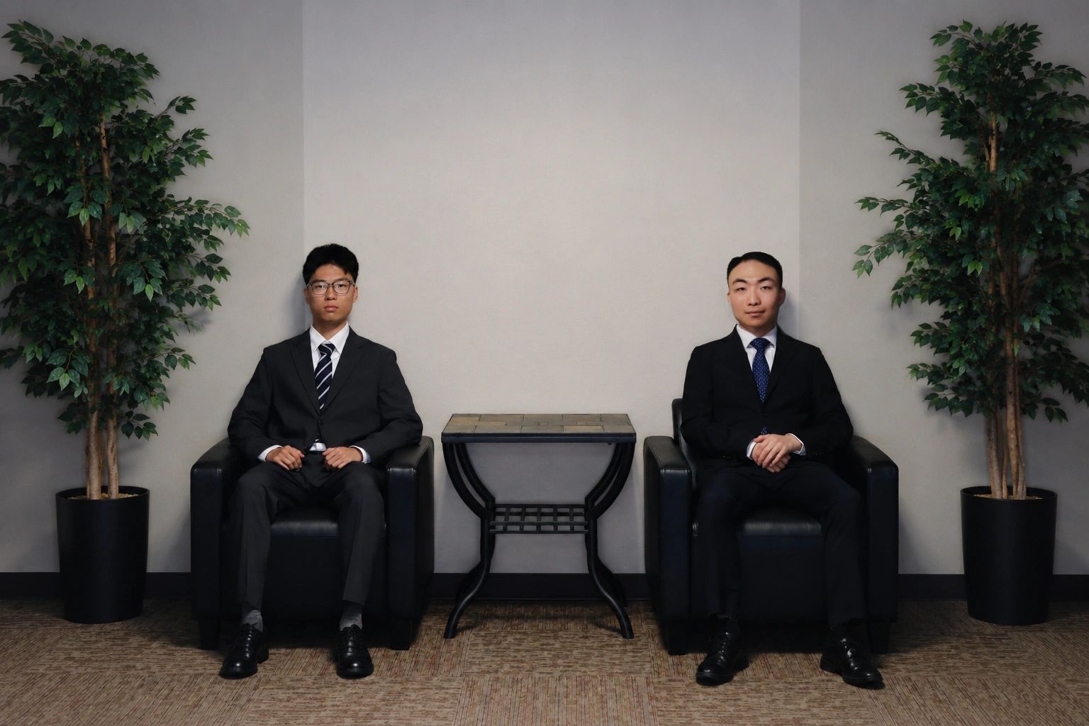 Two men in suits sitting on black chairs with plants on sides.