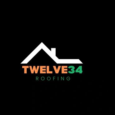 Logo for Twelve34 Roofing with a house roof design in white.
